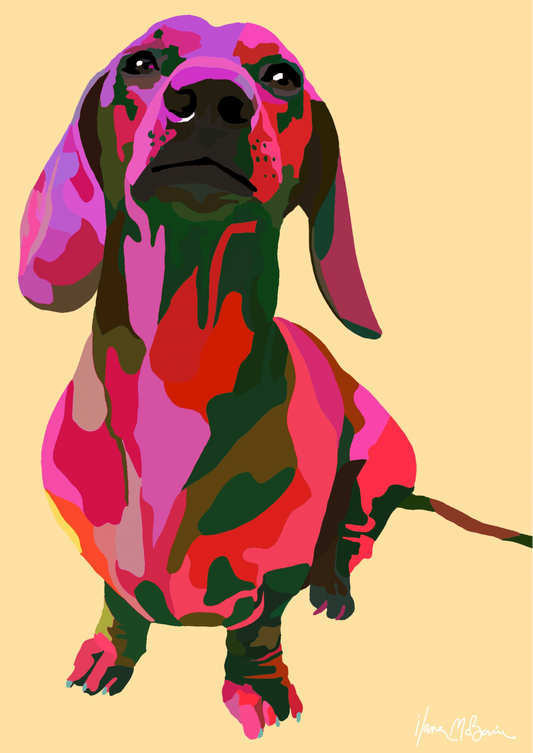 1. An intricately designed digital art print featuring a whimsical dachshund in sand background.