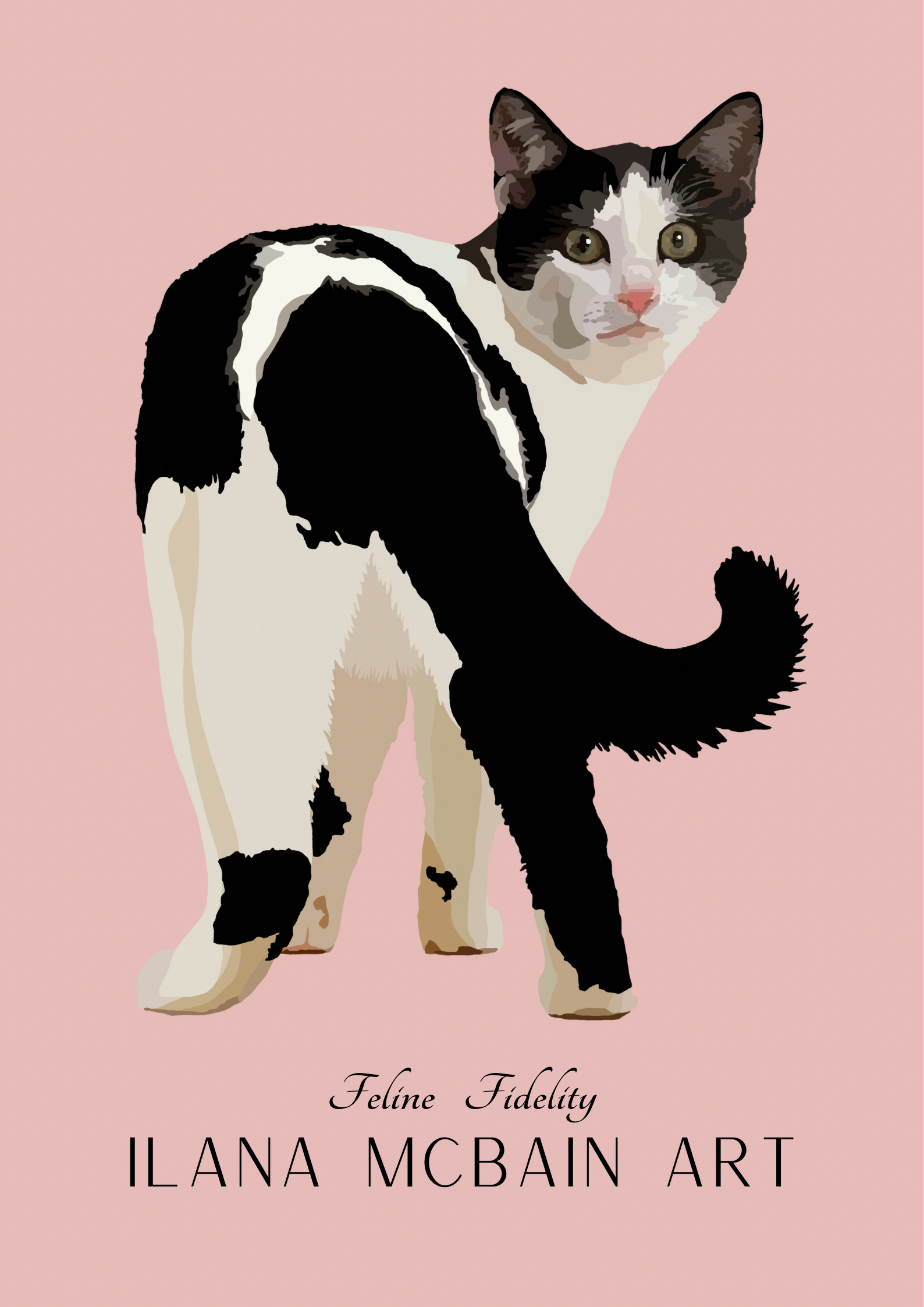 Modern art cat poster, original art by Ilana McBain on a Rose background.