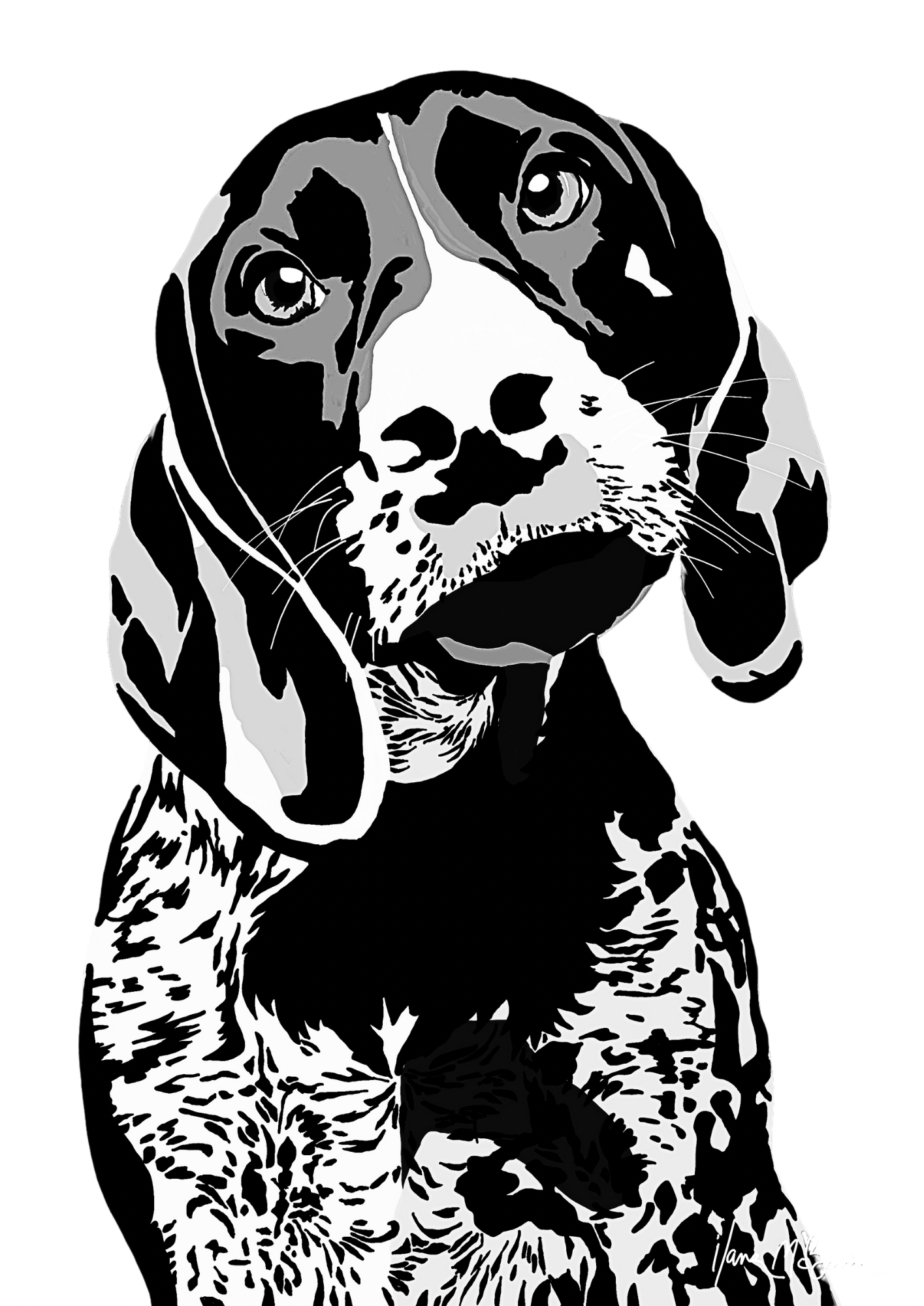 An intricately designed digital art print featuring a black and white monochrome hound in white background.