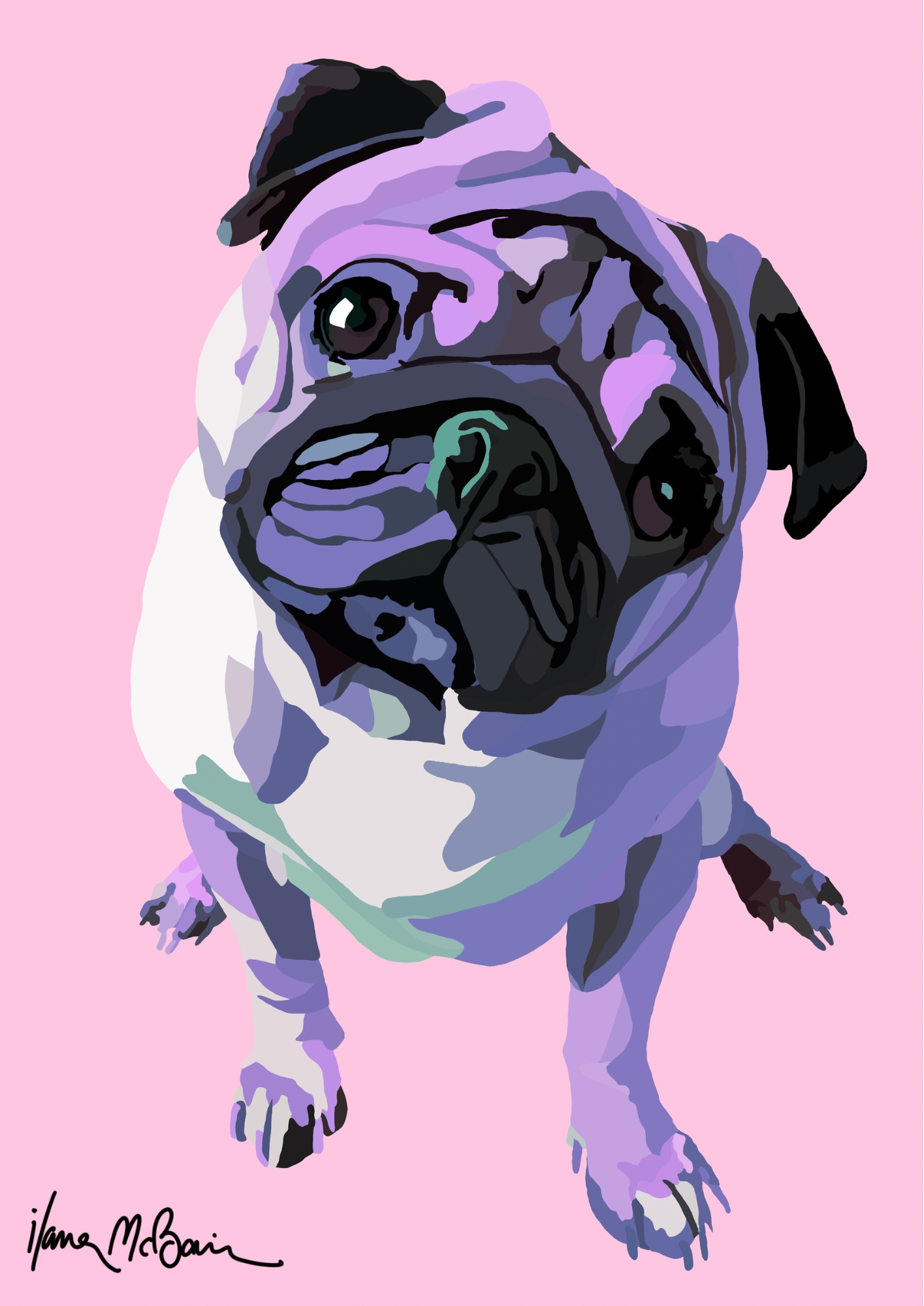 An intricately designed digital art print featuring a lovable pug in rose background.