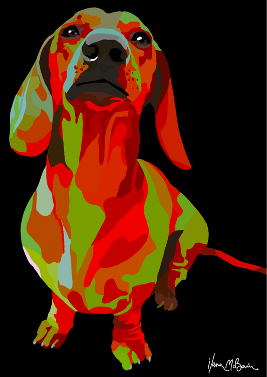 1. An intricately designed digital art print featuring a whimsical dachshund in black background.