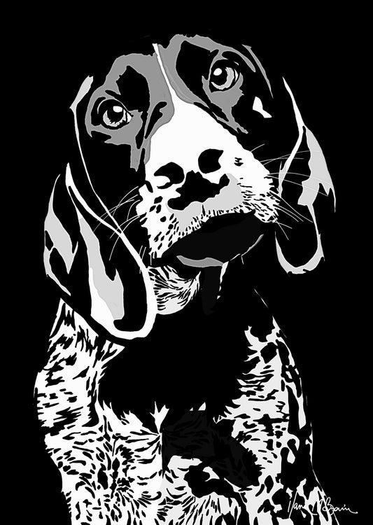 An intricately designed digital art print featuring a black and white monochrome hound in black background.