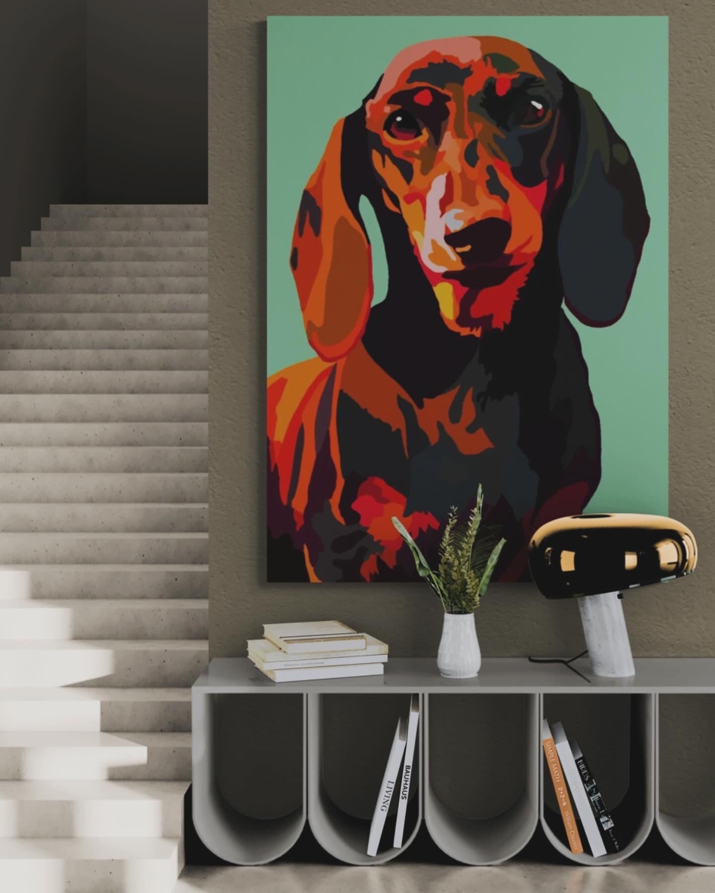 An intricately designed digital art print canvas featuring a fanciful dachshund in green background, adorned with vibrant Pop- Art patterns and colors, lounging contently infront of a contemporary staircase.