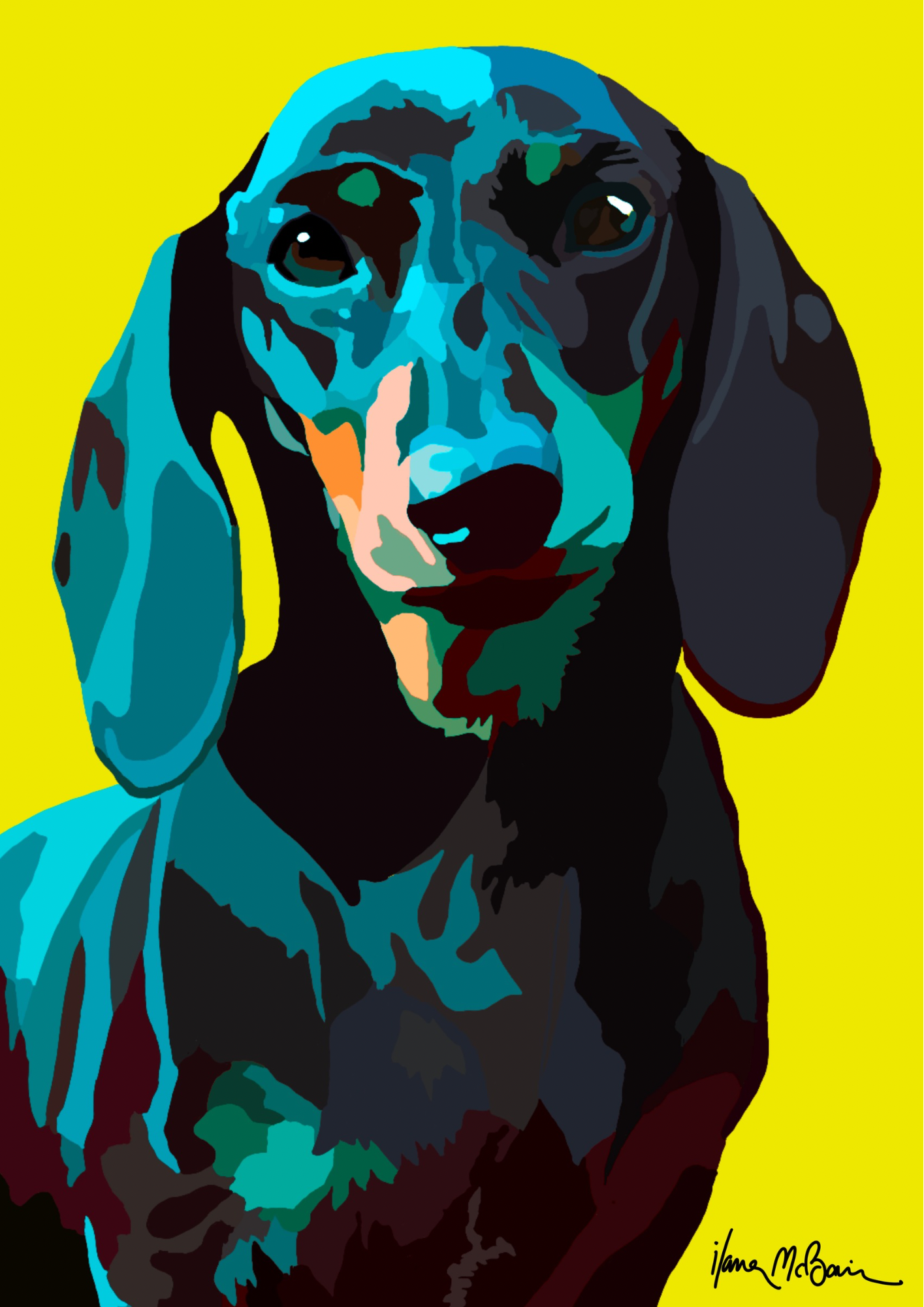 An intricately designed digital art print featuring a fanciful dachshund in yellow background.