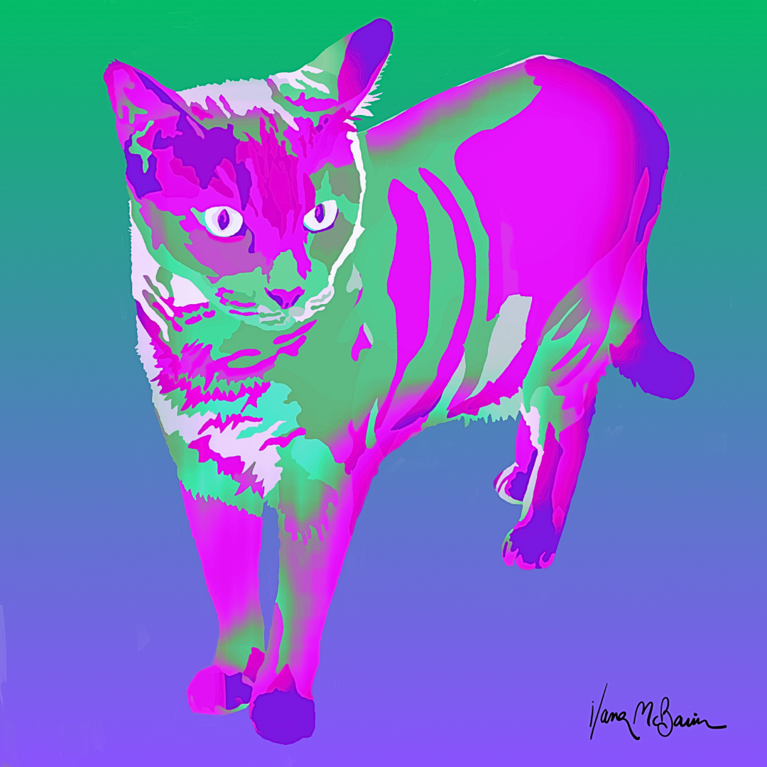 A contemporary pop art portrait of a Siamese cat in violet and green shades