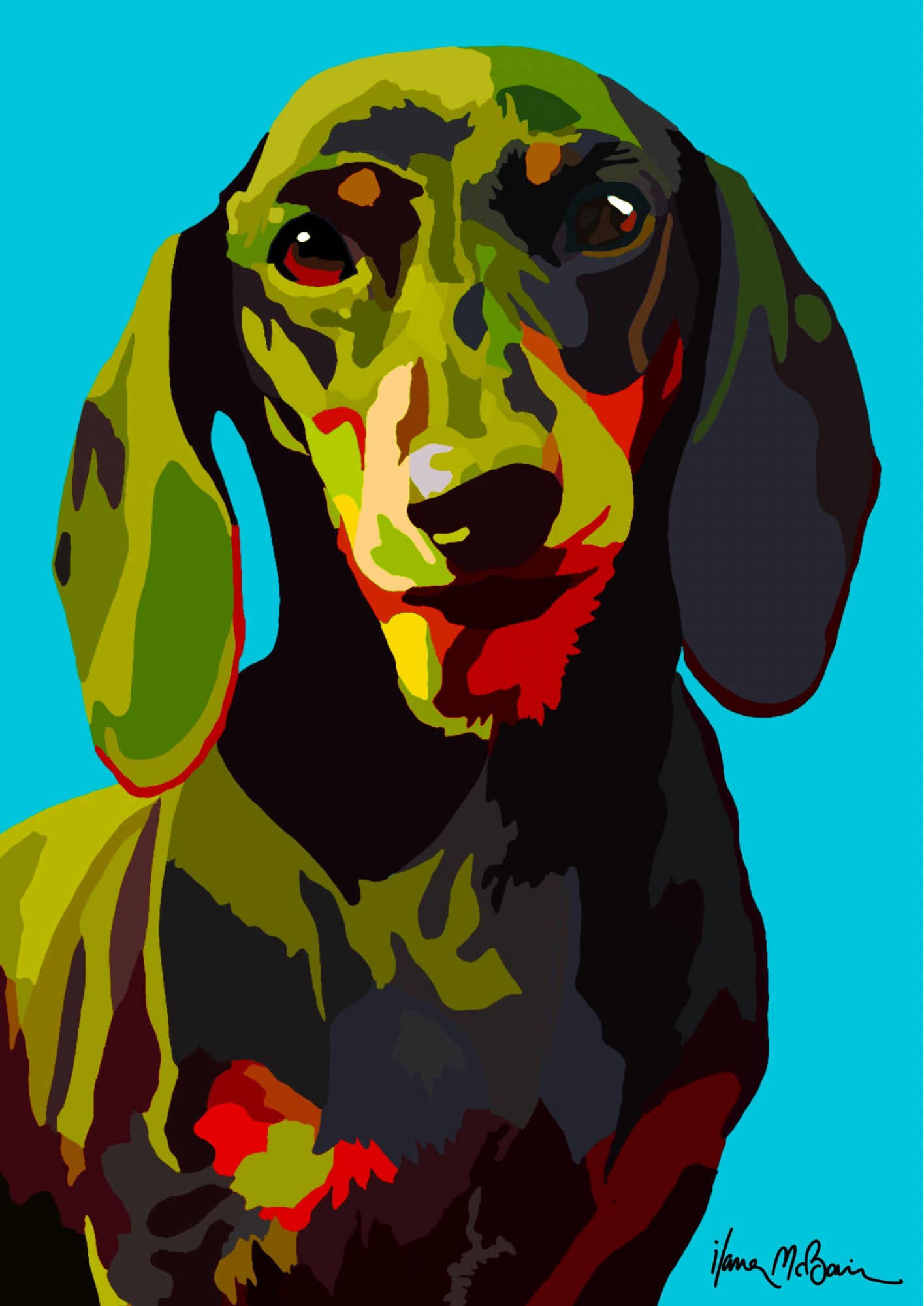 1. An intricately designed digital art print featuring a fanciful dachshund in sky blue background.