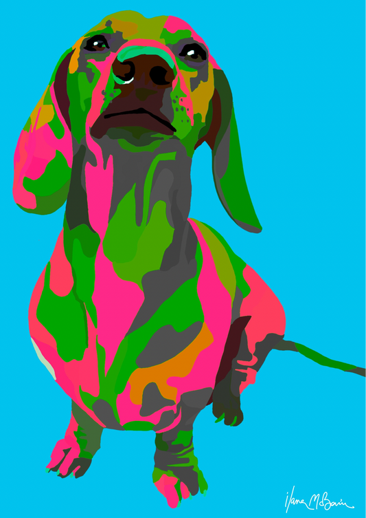 An intricately designed digital art print featuring a whimsical dachshund in aqua blue background.