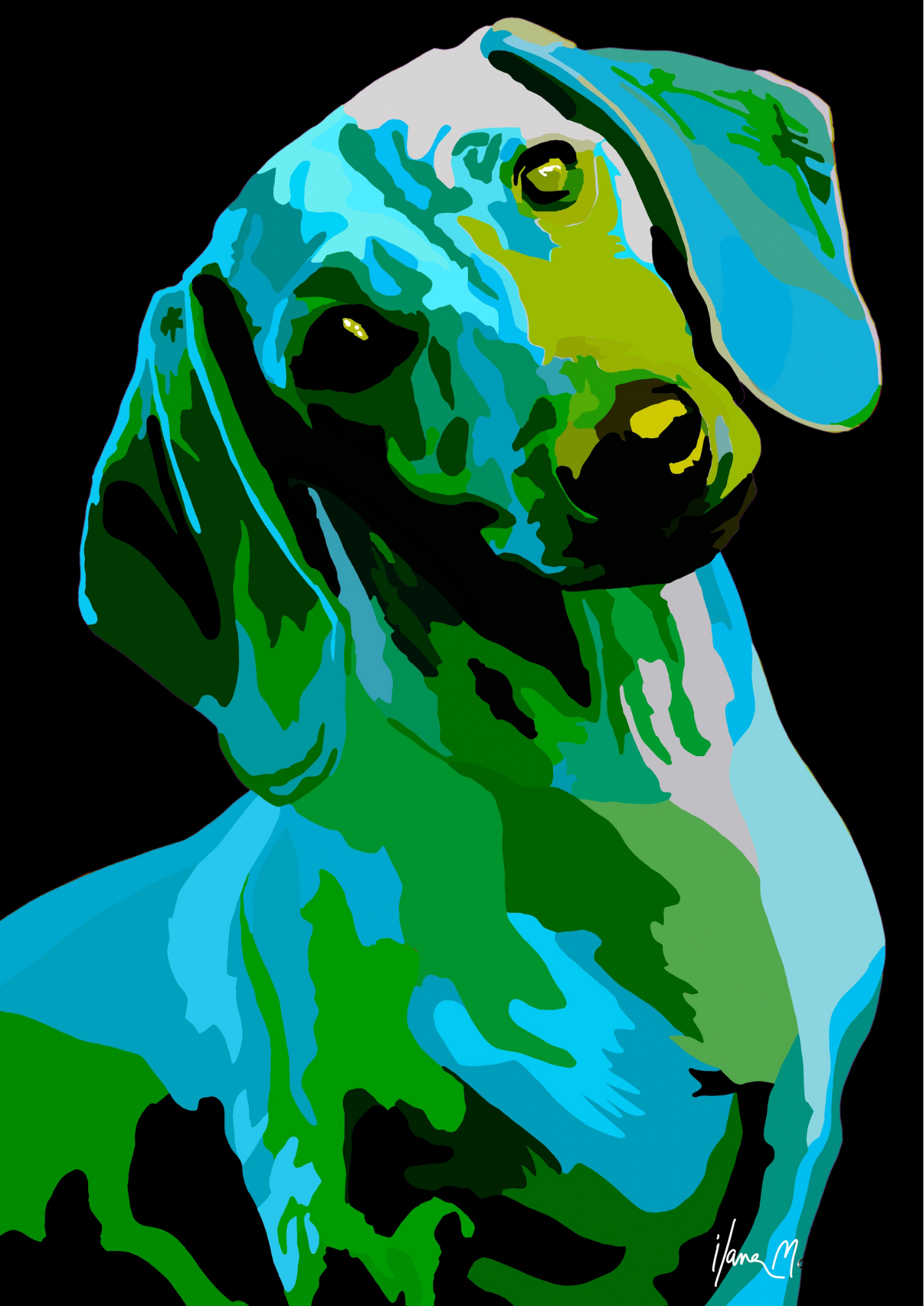 An intricately designed digital art print featuring dachshund noir green, with green, blue and violet shades, in black background.