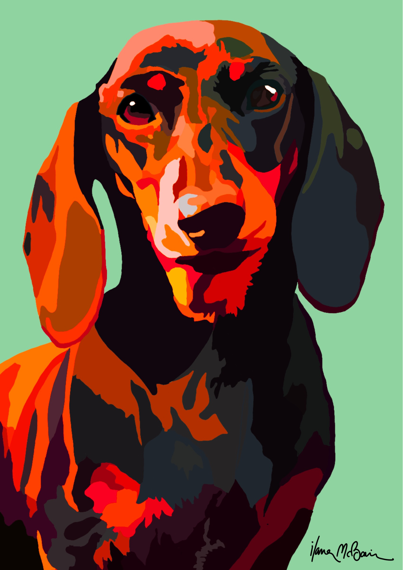 An intricately designed digital art print featuring a fanciful dachshund in green background.