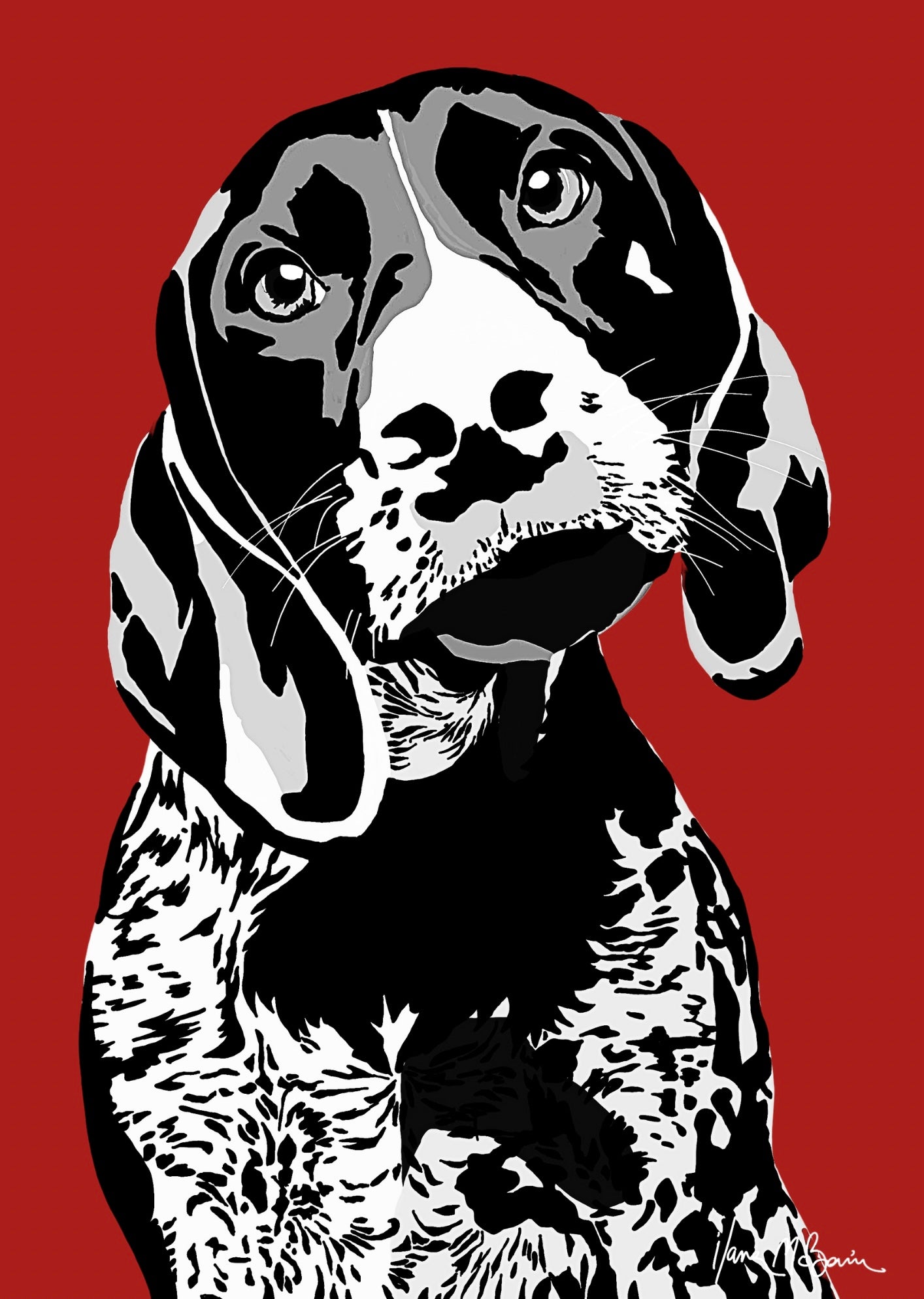 An intricately designed digital art print featuring a black and white hound in red background.