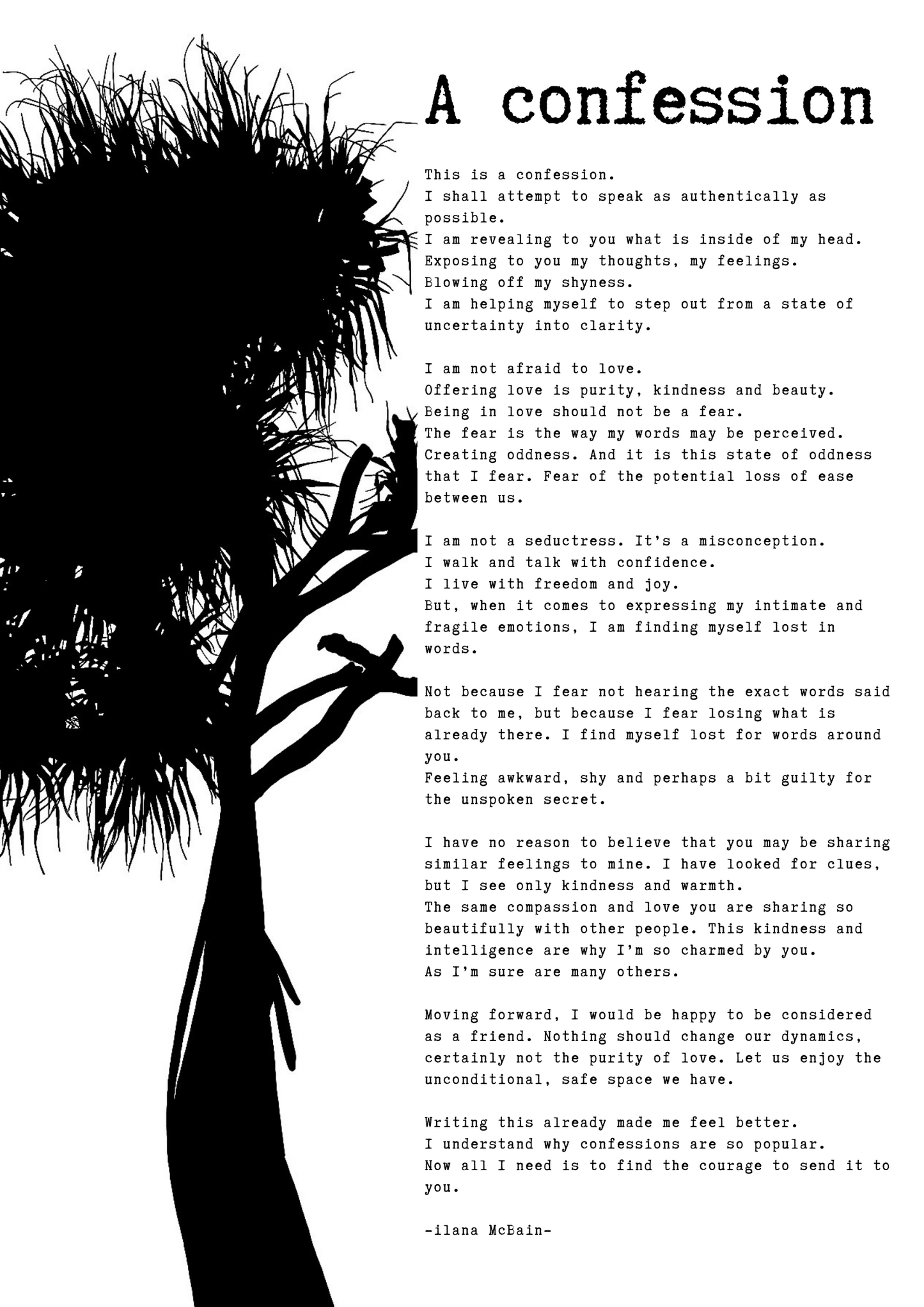 A poem called “A Confession” by Ilana McBain. Black and White Illustration.