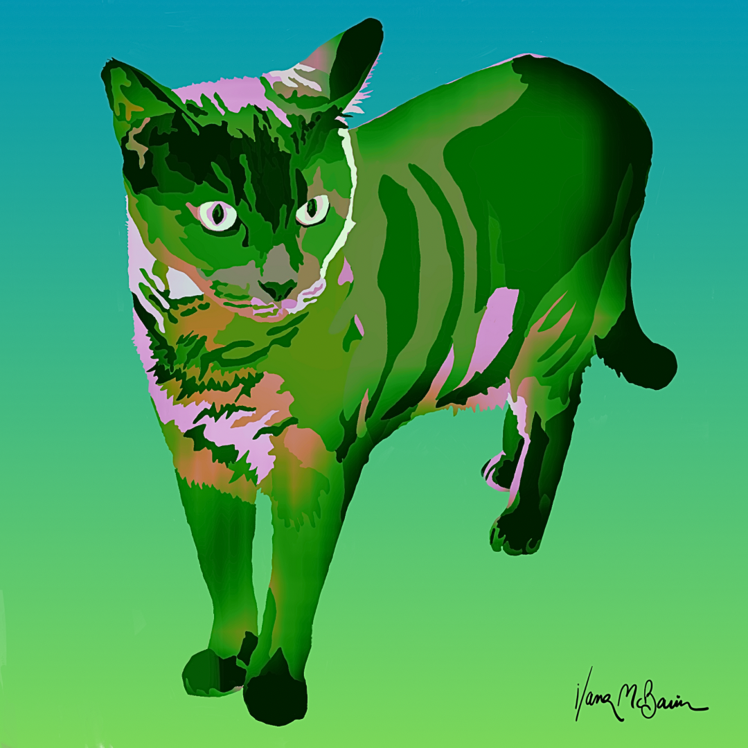 A contemporary pop art portrait of a Siamese cat, adding a vibrant splash of ocean blue and green shades.