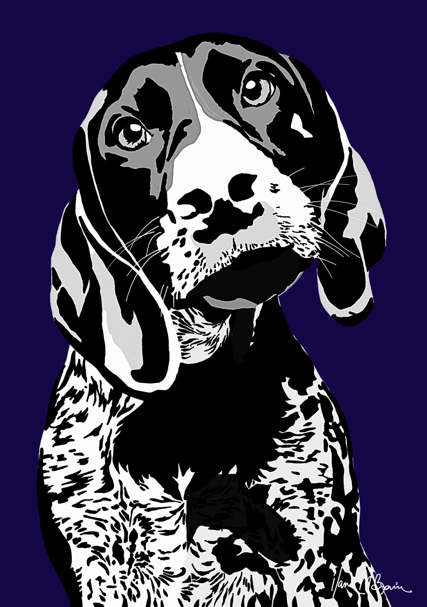 An intricately designed digital art print featuring a black and white monochrome hound in navy background.