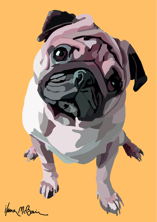 An intricately designed digital art print featuring a lovable pug in sand background.