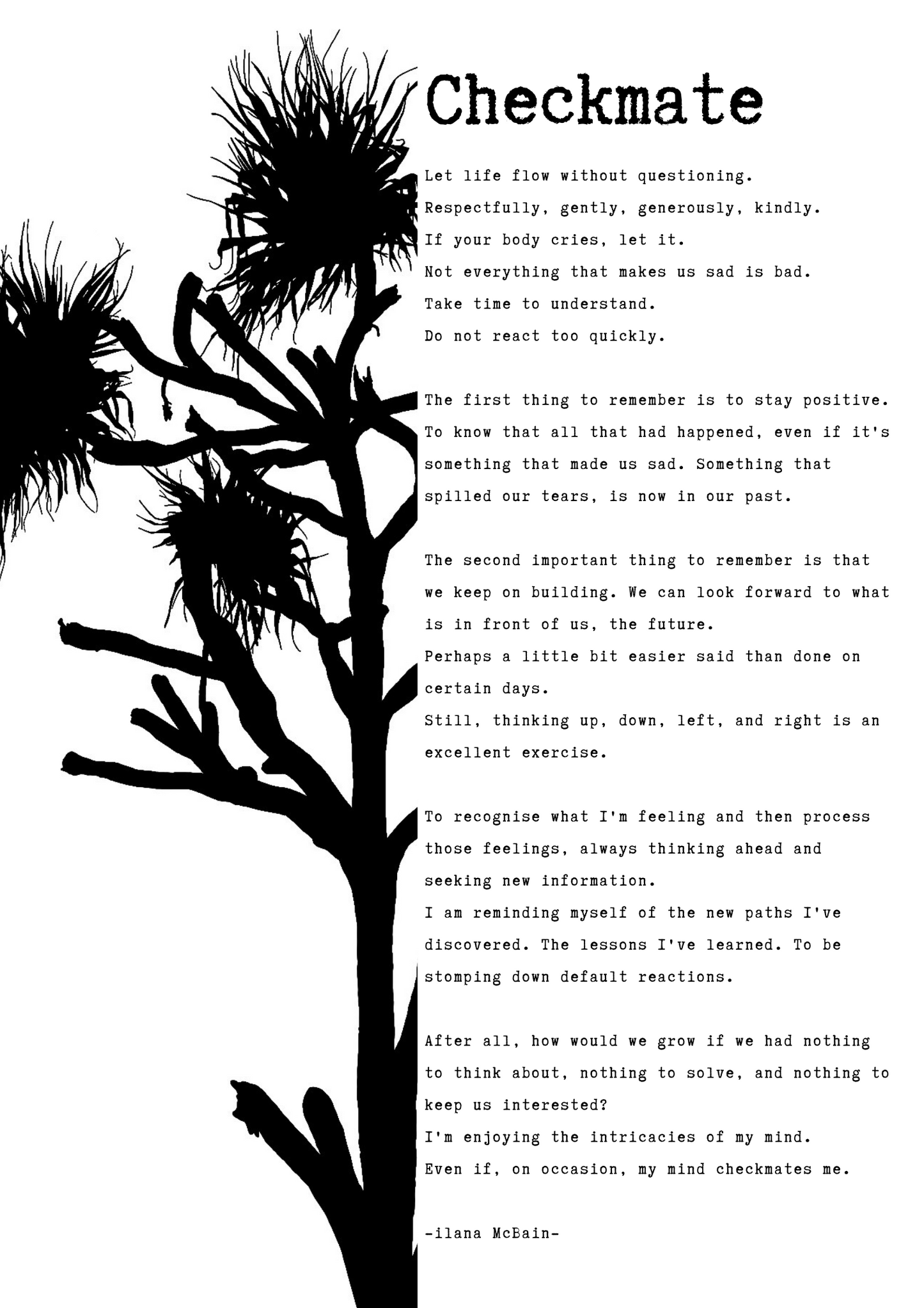 A poem called “Checkmate” by Ilana McBain. Black and White Illustration. 