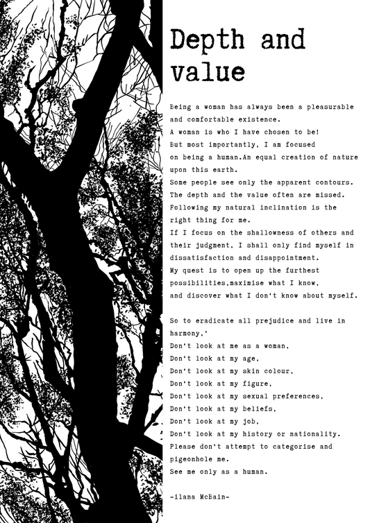 A poem called “Depth and Value” by Ilana McBain. Black and White Illustration. 