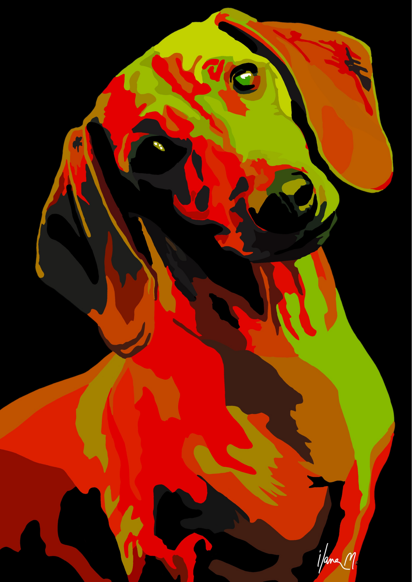 An intricately designed digital art print featuring dachshund noir red, with earthy red and green hues, in black background.