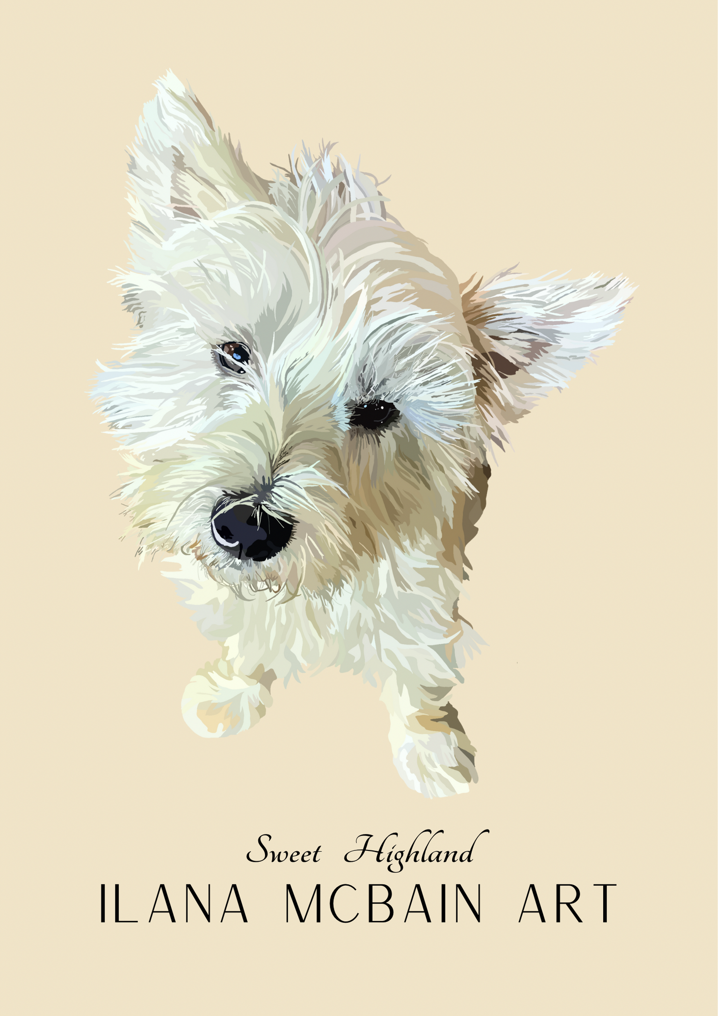 Modern art poster of an adorable West Highland Terrier, by renowned artist Ilana McBain, set against a classic beige background.