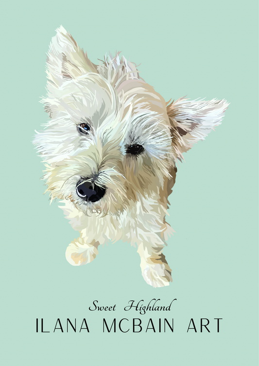 Modern art poster of an adorable West Highland Terrier, by renowned artist Ilana McBain, set against a serene green background.