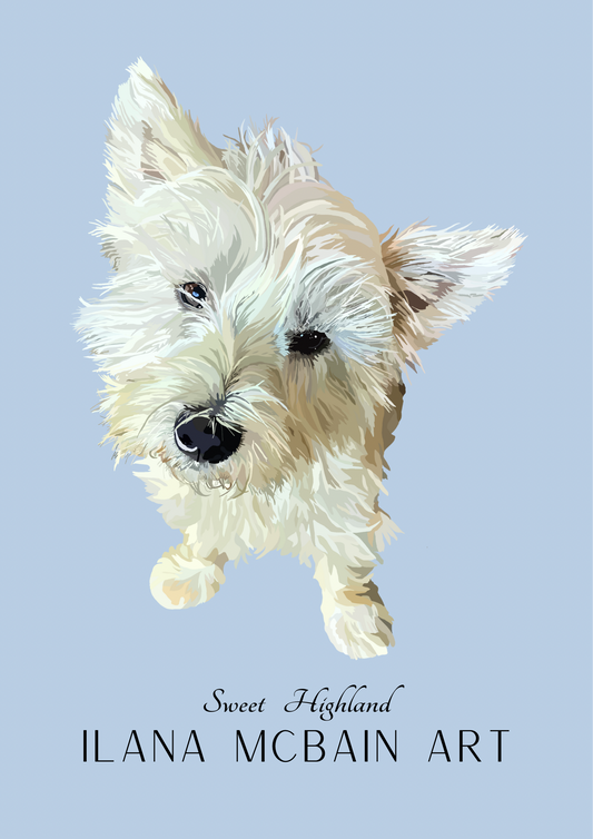 Modern art poster of an adorable West Highland Terrier, by renowned artist Ilana McBain, set against a serene blue background.