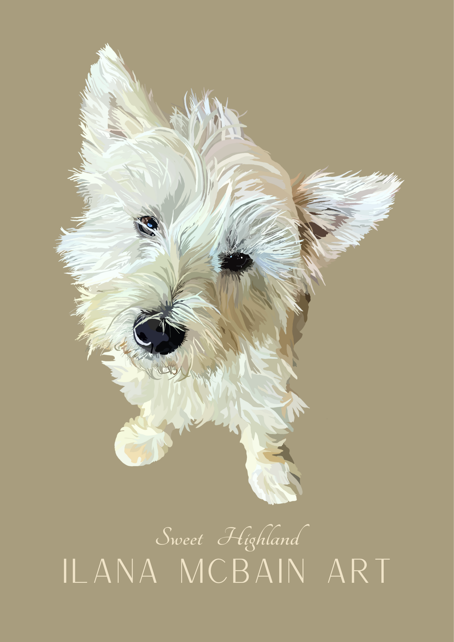 Modern art poster of an adorable West Highland Terrier, by renowned artist Ilana McBain, set against a classic stone background.