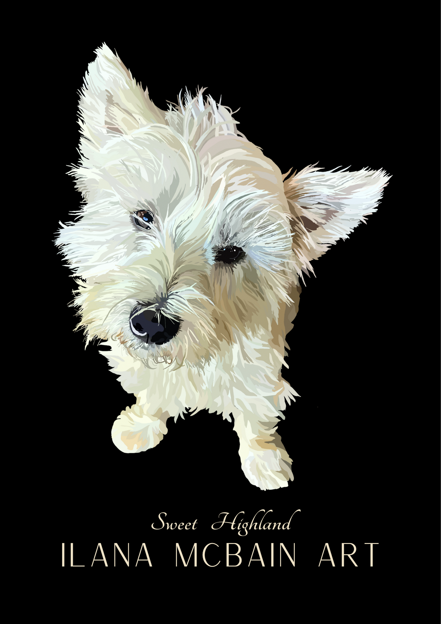 Modern art poster of an adorable West Highland Terrier, by renowned artist Ilana McBain, set against a serene black background.