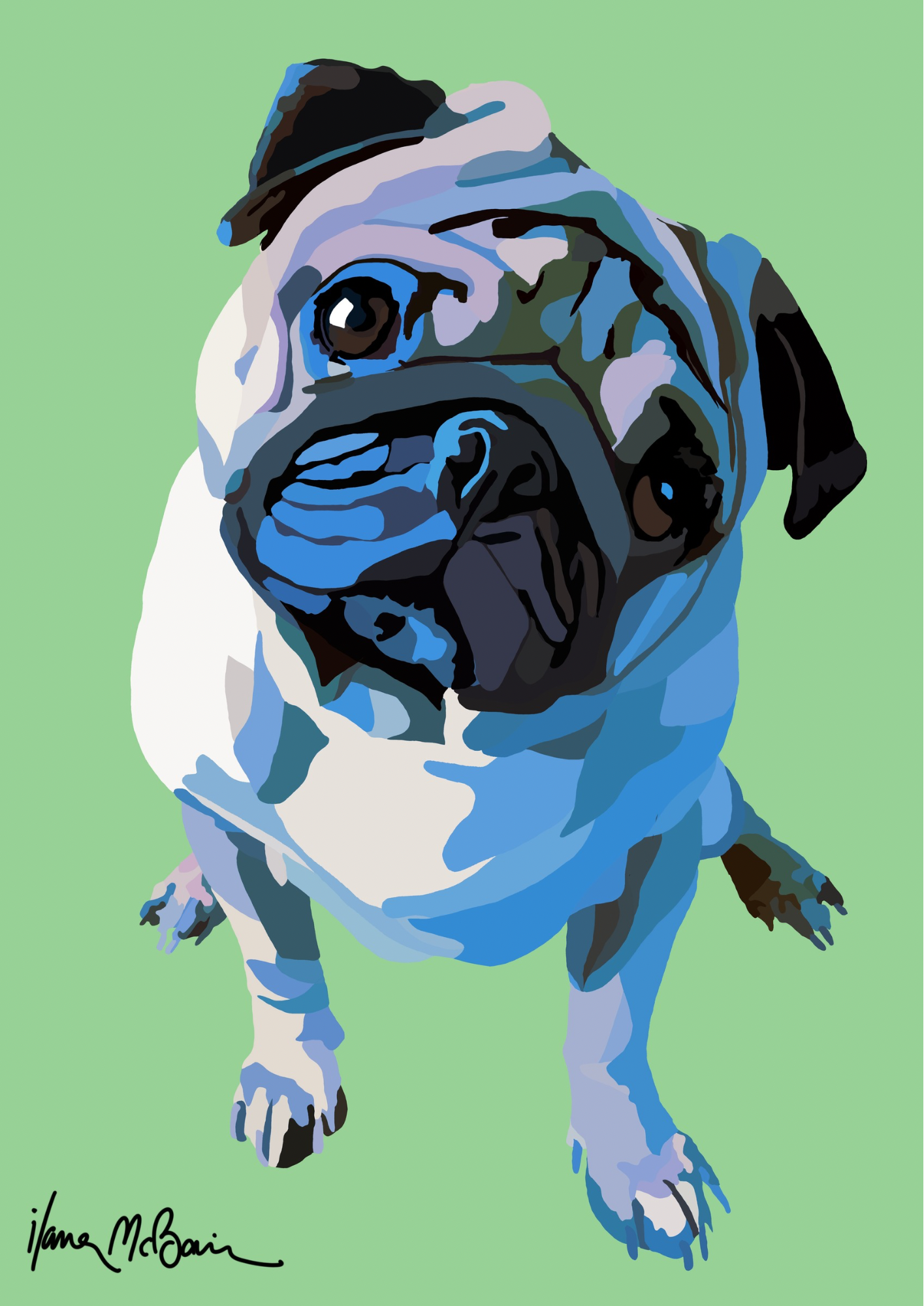 An intricately designed digital art print featuring a lovable pug in green background.