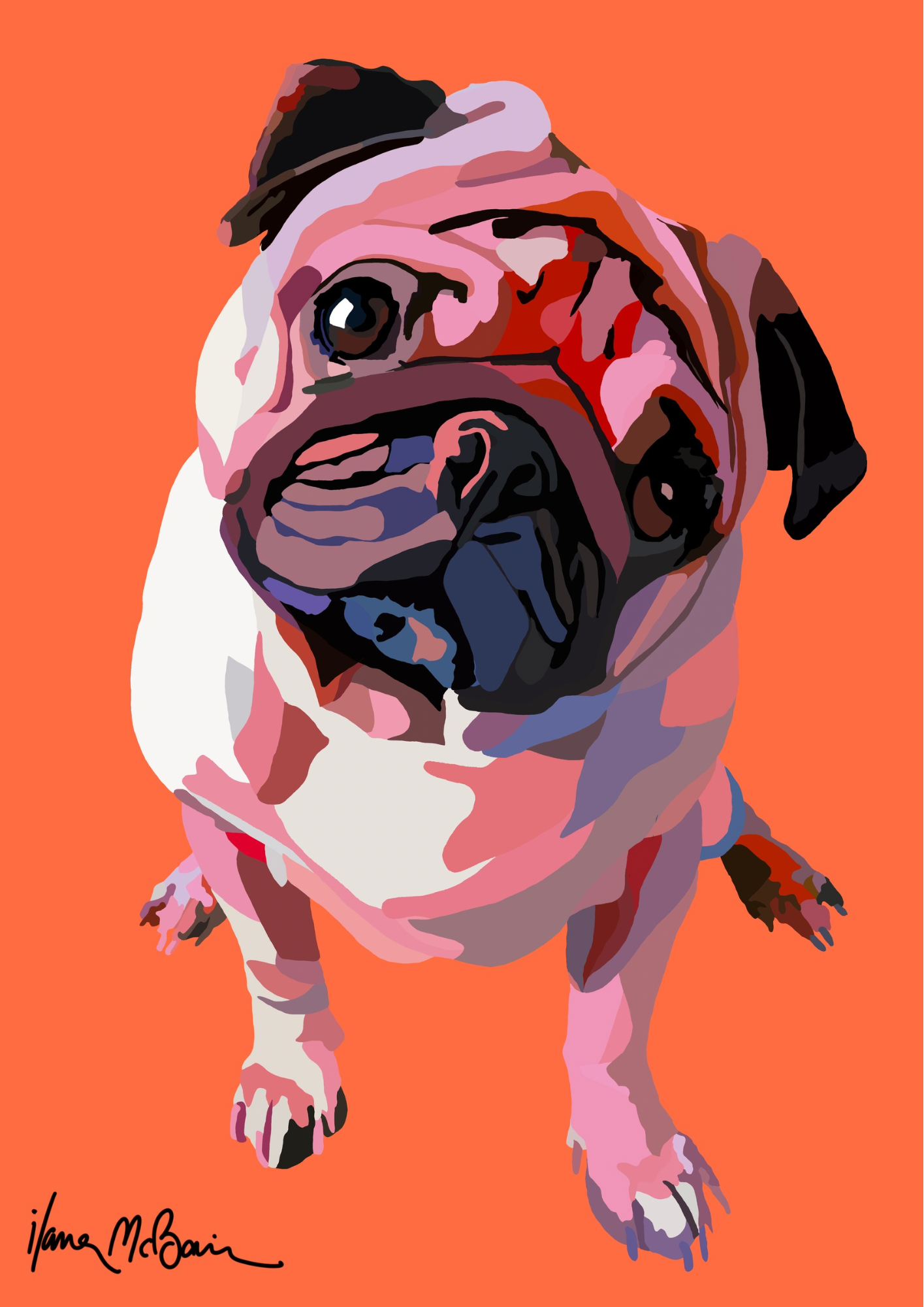 An intricately designed digital art print featuring a lovable pug in tangerine background.