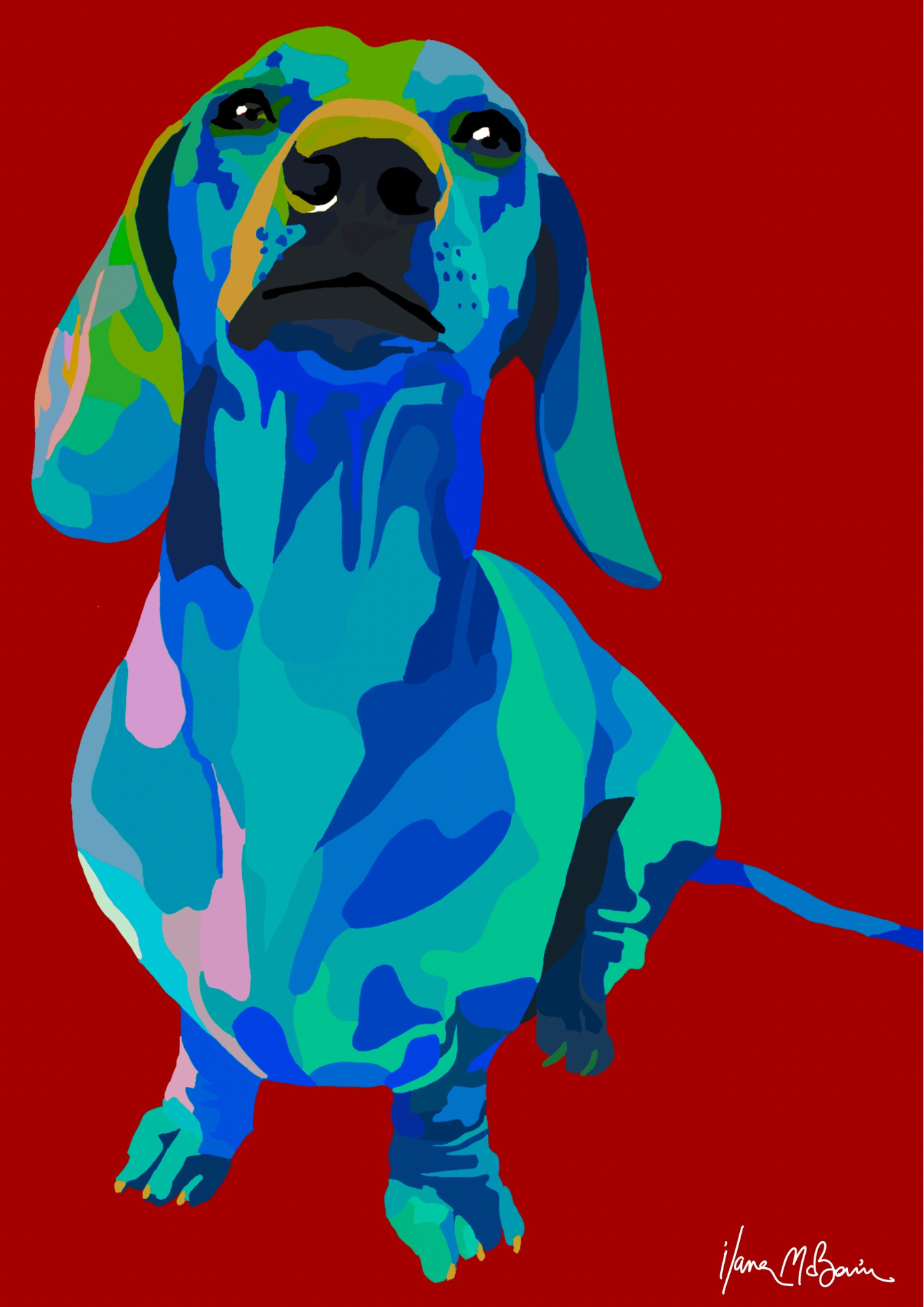 An intricately designed digital art print featuring a whimsical dachshund in red background.