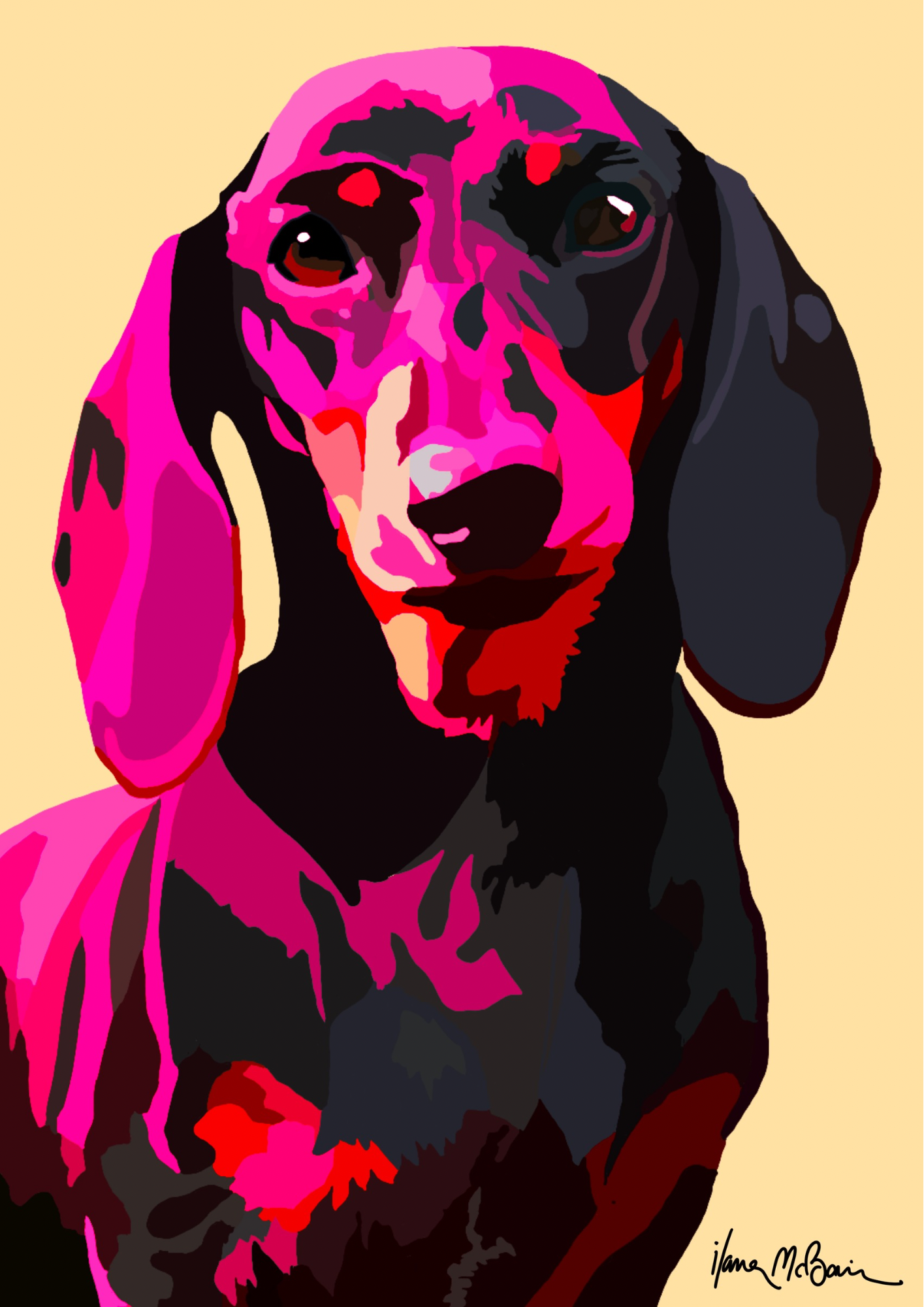 An intricately designed digital art print featuring a fanciful dachshund in fawn background.