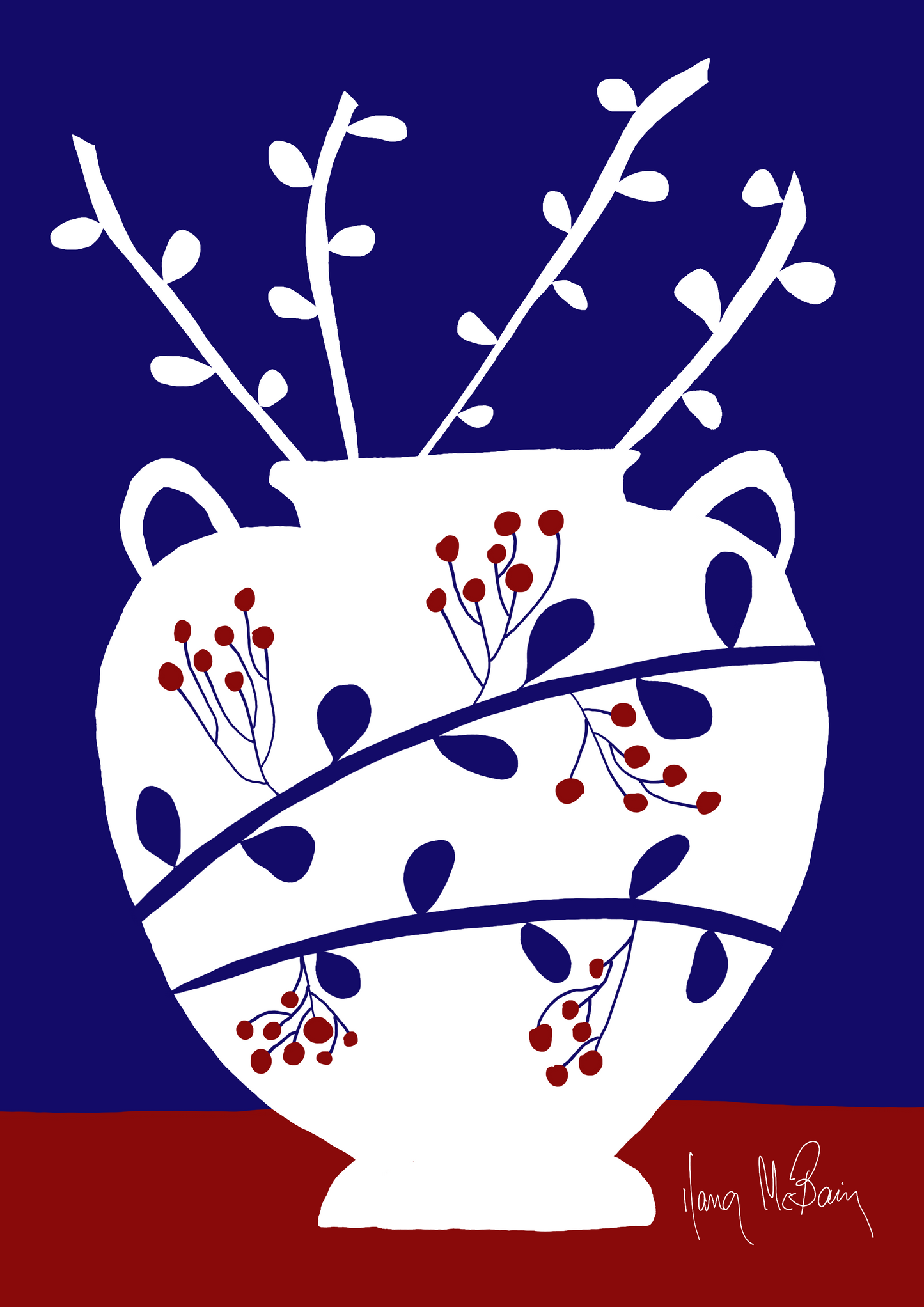 Contemporary vase illustration in white and blue