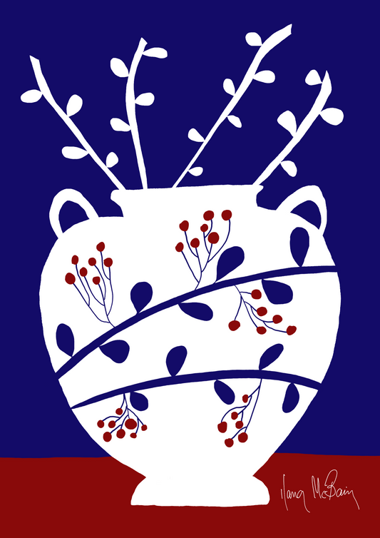 Contemporary vase illustration in white and blue