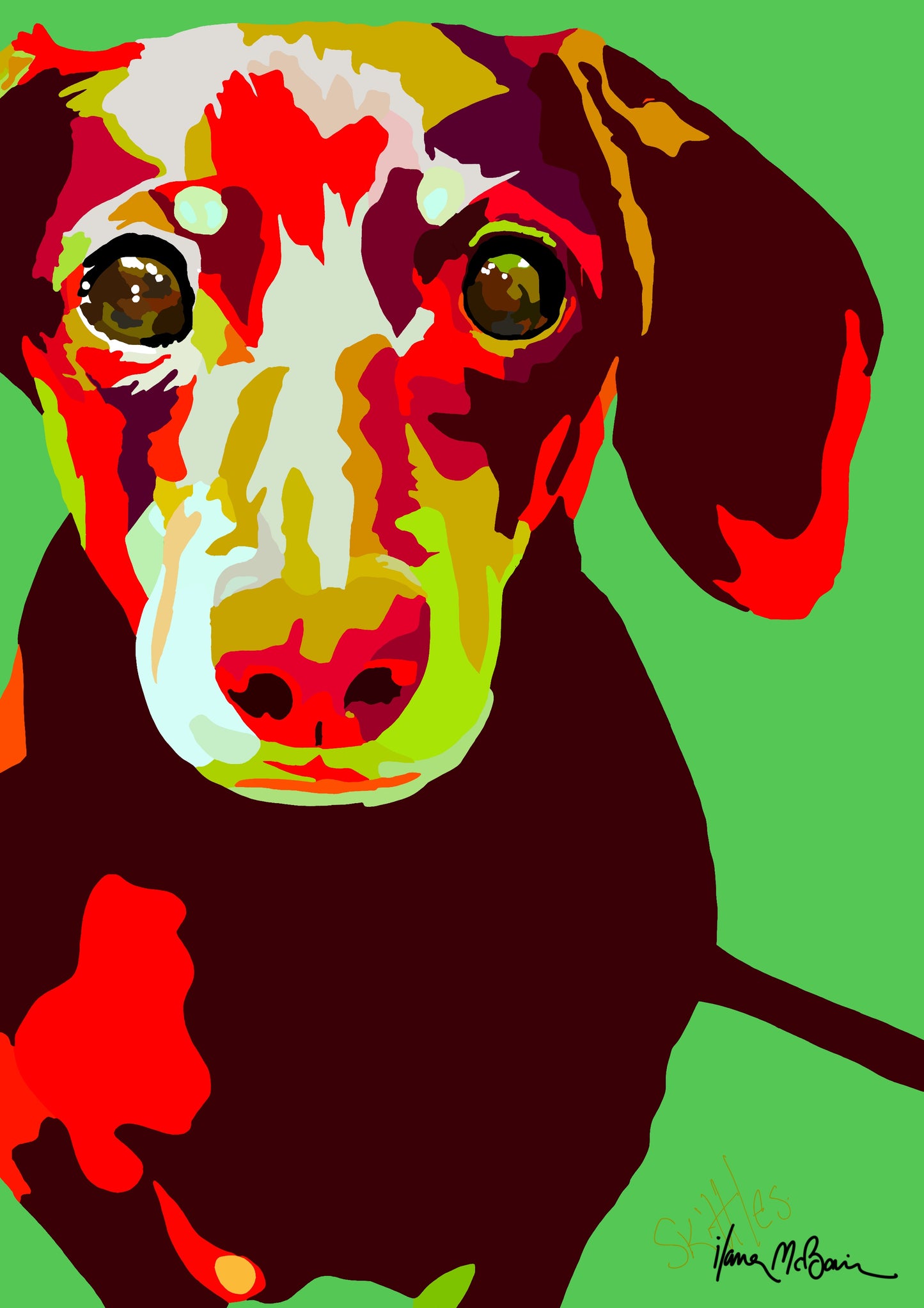 An intricately designed digital art print featuring a lovable dachshund in green background.