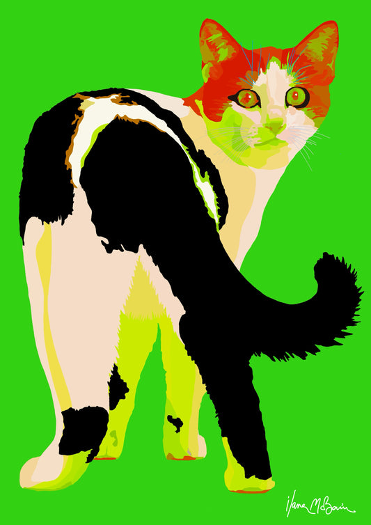 An intricately designed digital art print featuring a whimsical cat in green background.