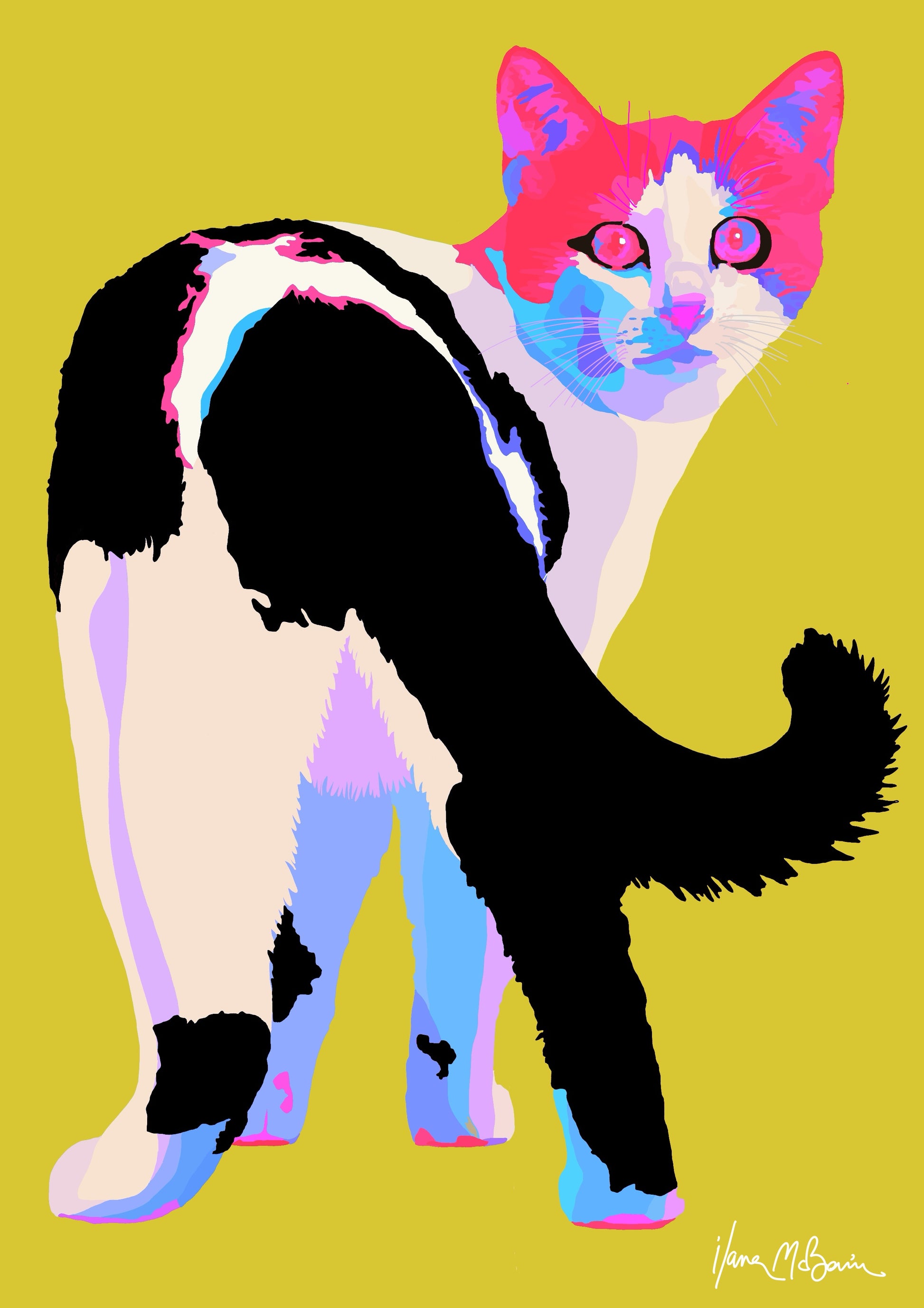 An intricately designed digital art print featuring a whimsical cat in yellow background.