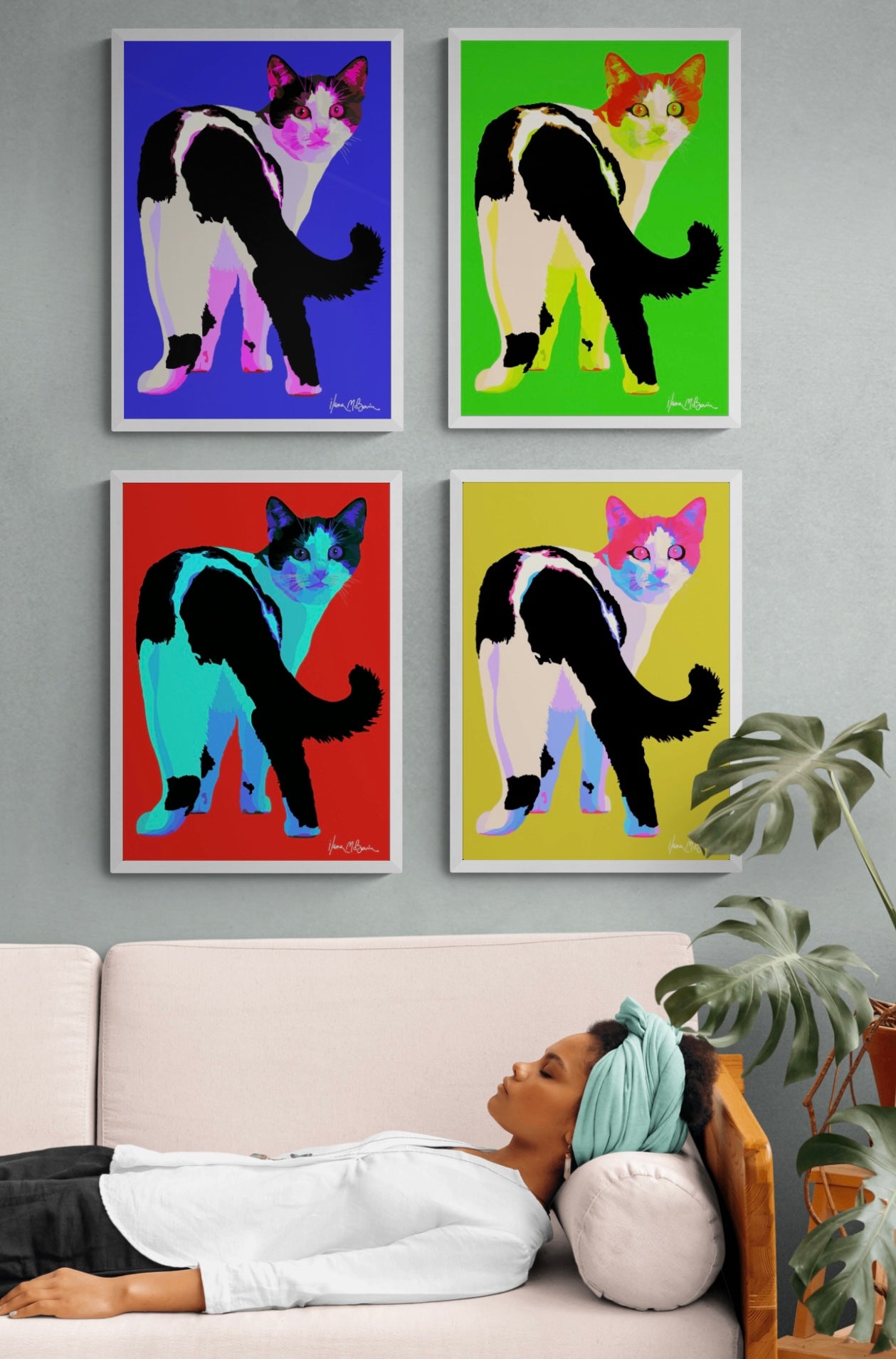 A captivating digital artwork prints, showcases a playful cat set against a vibrant backdrop of yellow, blue, red, and green hues, accented with dynamic Pop-Art motifs and shades. It hangs in a surreal living room, arranged as a striking quartet, each piece adding to the room's unique atmosphere.