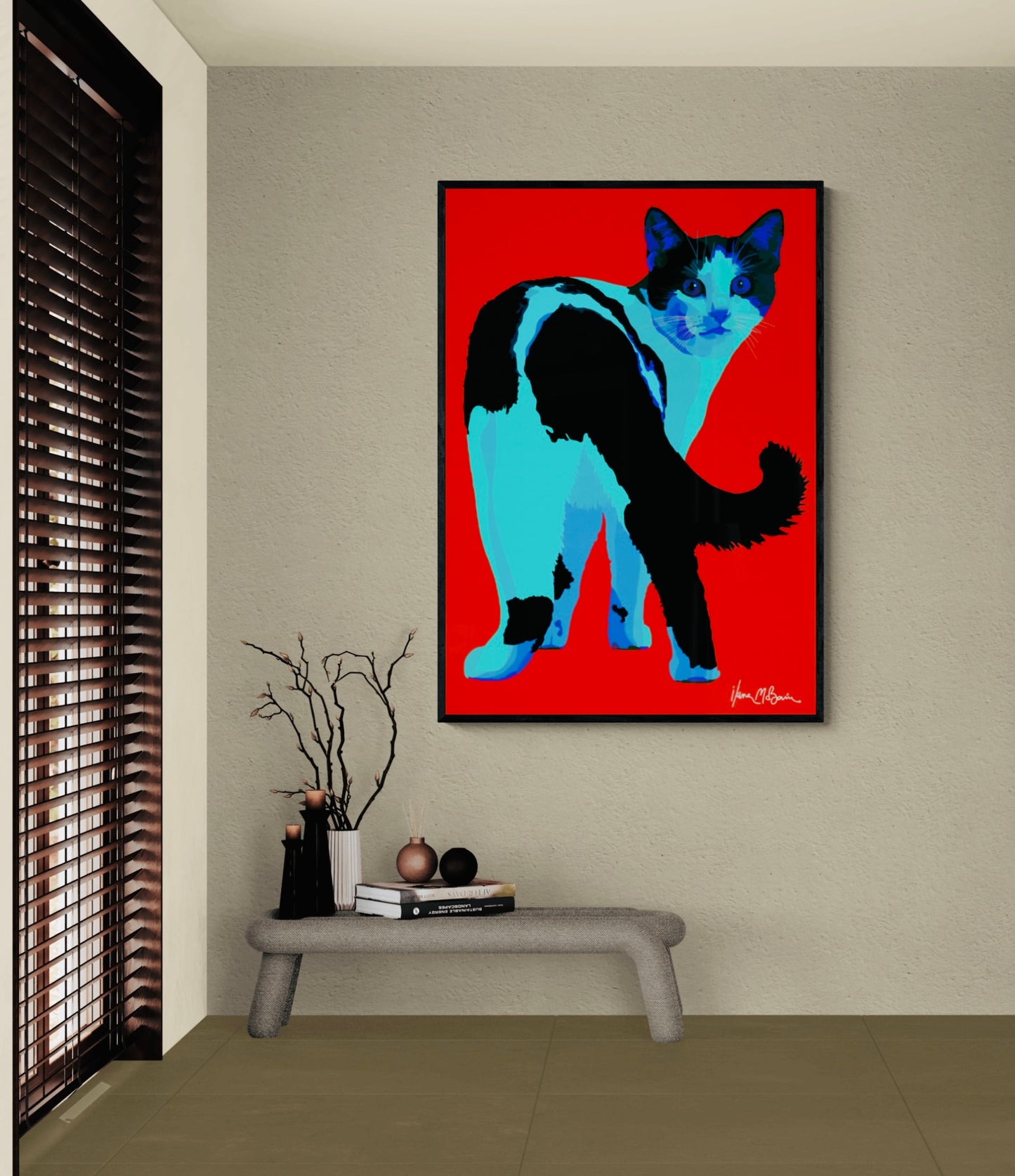 An intricately designed digital art print canvas featuring a whimsical cat in red background, adorned with vibrant Pop- Art patterns and colors, lounging contently amidst a surreal entry hall.