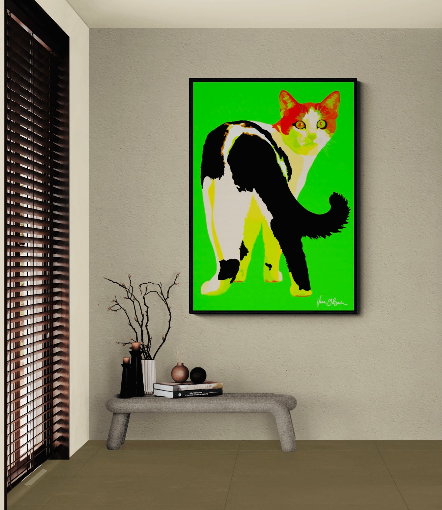 An intricately designed digital art print canvas featuring a whimsical cat in green background, adorned with vibrant Pop- Art patterns and colors, lounging contently amidst a surreal entry hall.