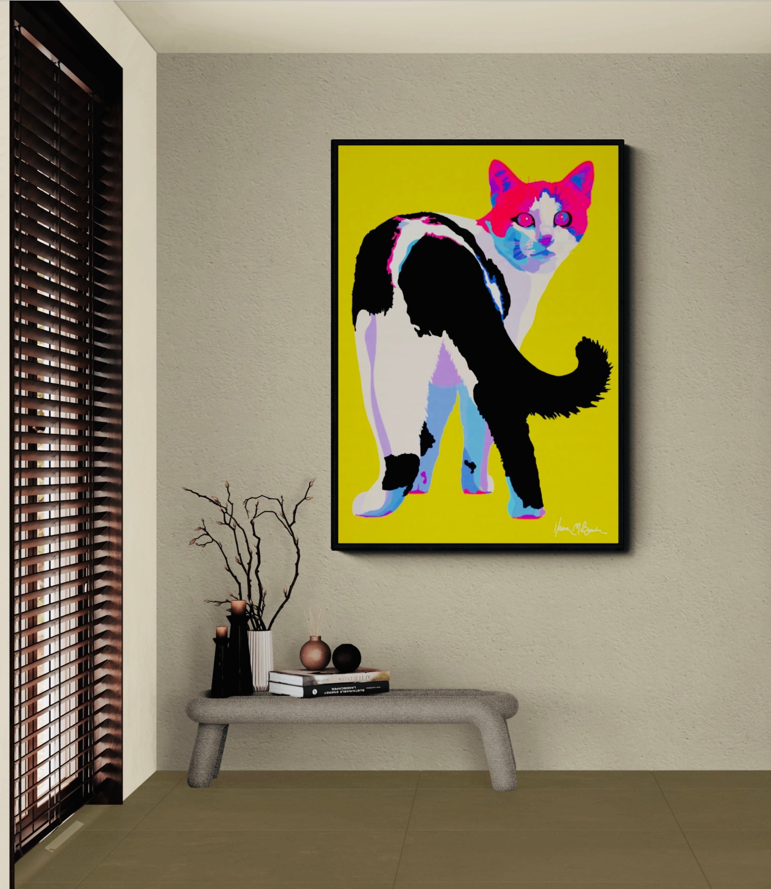 An intricately designed digital art print canvas featuring a whimsical cat in yellow background, adorned with vibrant Pop- Art patterns and colors, lounging contently amidst a surreal entry hall.