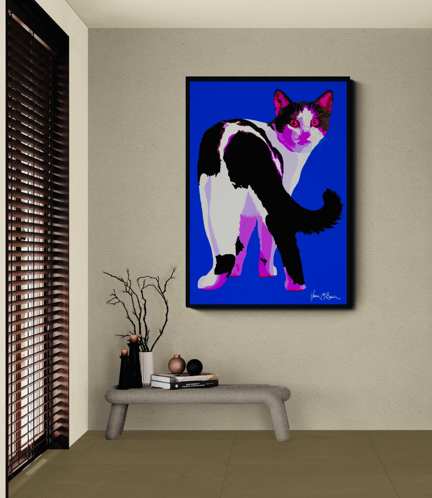 An intricately designed digital art print canvas featuring a whimsical cat in blue background, adorned with vibrant Pop- Art patterns and colors, lounging contently amidst a surreal entry hall.