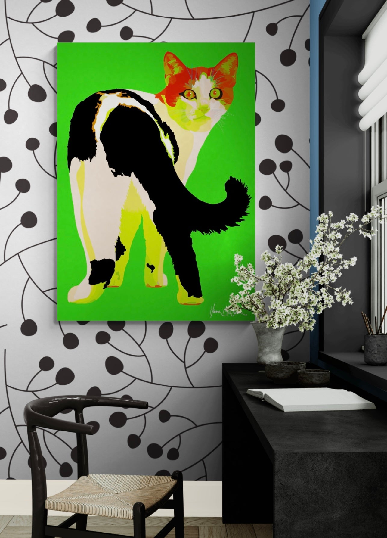 An intricately designed digital art printed canvas, featuring a whimsical cat in green background, adorned with vibrant Pop- Art patterns and colors, lounging contently amidst a surreal office/work space.