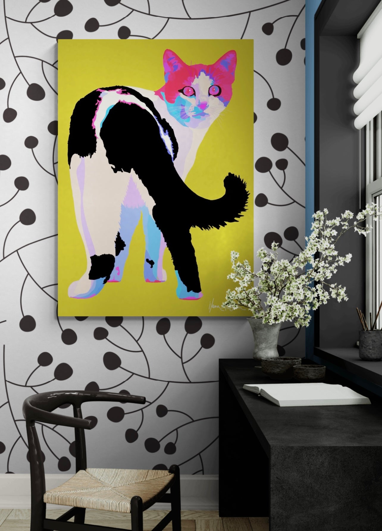 An intricately designed digital art printed canvas, featuring a whimsical cat in yellow background, adorned with vibrant Pop- Art patterns and colors, lounging contently amidst a surreal office/work space.