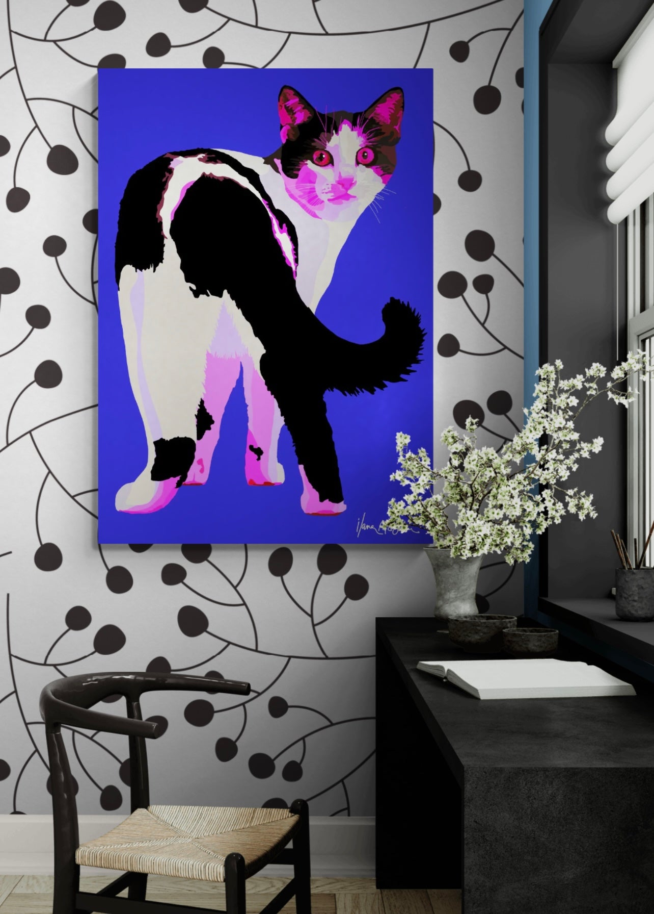 An intricately designed digital art printed canvas, featuring a whimsical cat in blue background, adorned with vibrant Pop- Art patterns and colors, lounging contently amidst a surreal office/work space.