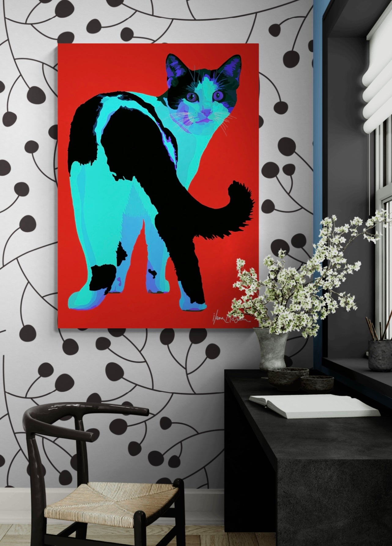 An intricately designed digital art printed canvas, featuring a whimsical cat in red background, adorned with vibrant Pop- Art patterns and colors, lounging contently amidst a surreal office/work space.