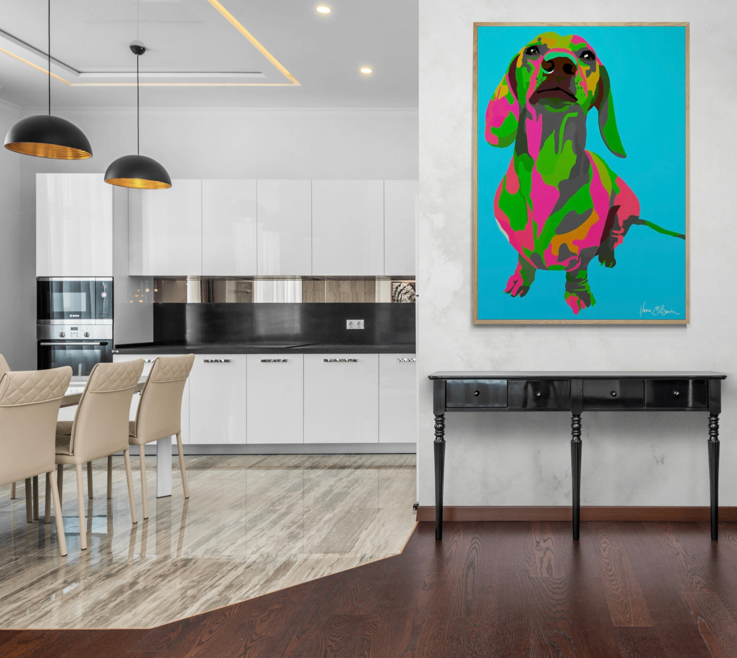 An intricately designed digital art print canvas featuring a whimsical dachshund in aqua blue background, adorned with vibrant Pop- Art patterns and colors, lounging contently amidst a modern kitchen.