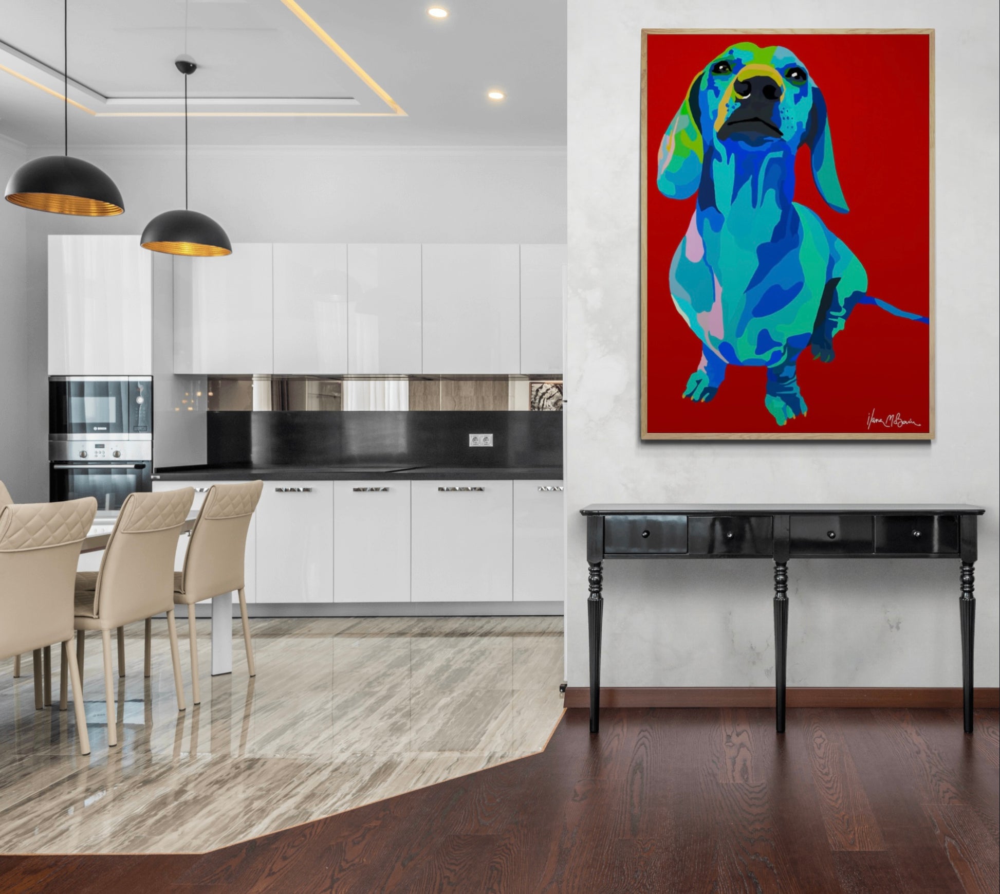 An intricately designed digital art print canvas featuring a whimsical dachshund in red background, adorned with vibrant Pop- Art patterns and colors, lounging contently amidst a modern kitchen.