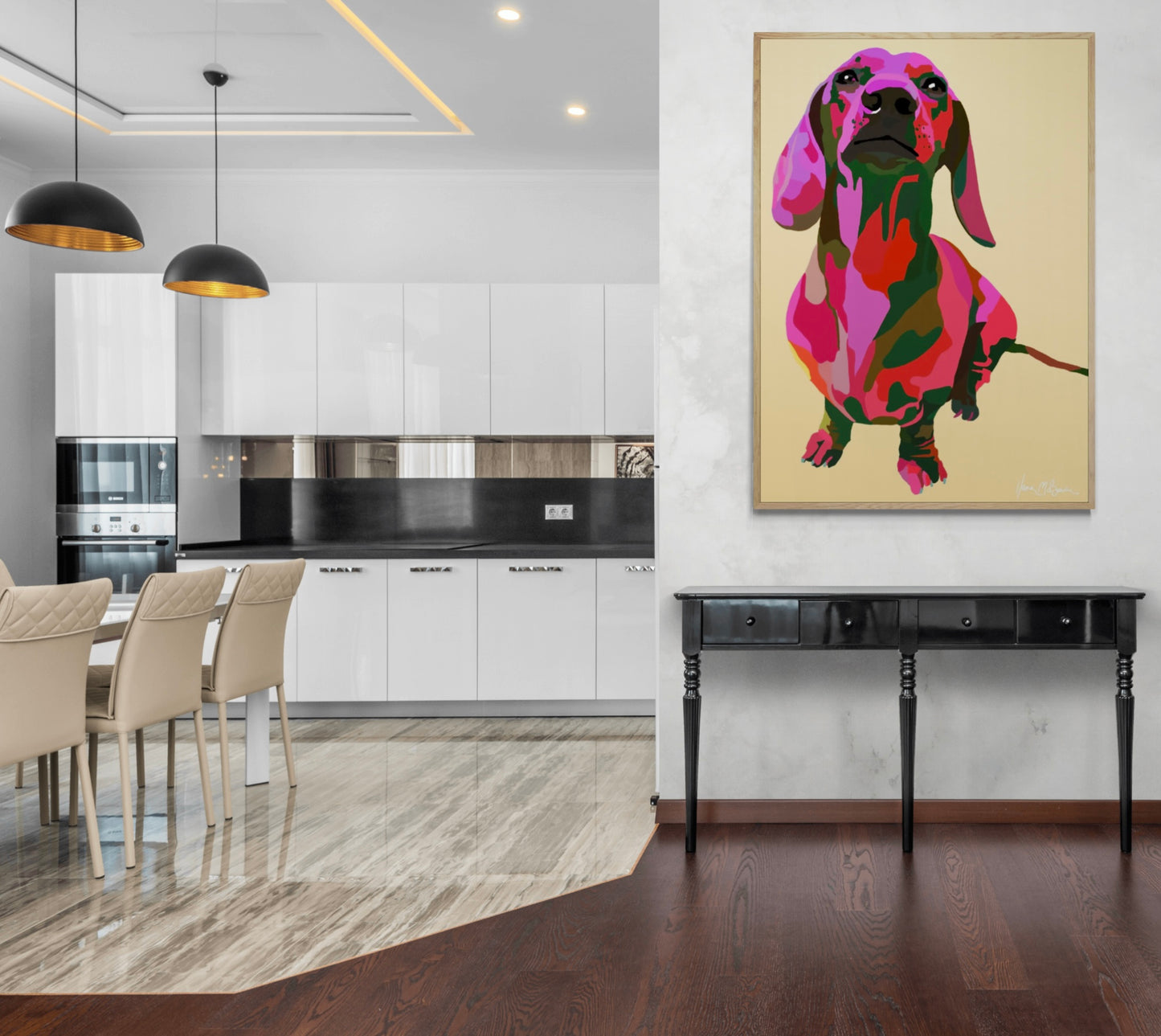 An intricately designed digital art print canvas featuring a whimsical dachshund in sand colour background, adorned with vibrant Pop- Art patterns and colors, lounging contently amidst a modern kitchen.