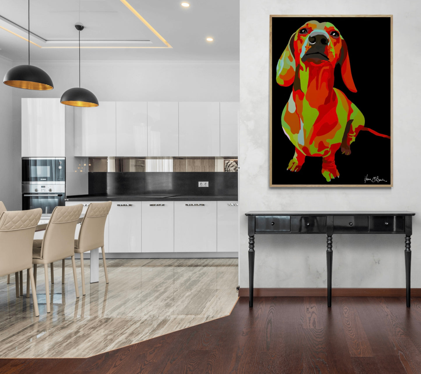 An intricately designed digital art print canvas featuring a whimsical dachshund in black background, adorned with vibrant Pop- Art patterns and colors, lounging contently amidst a modern kitchen.