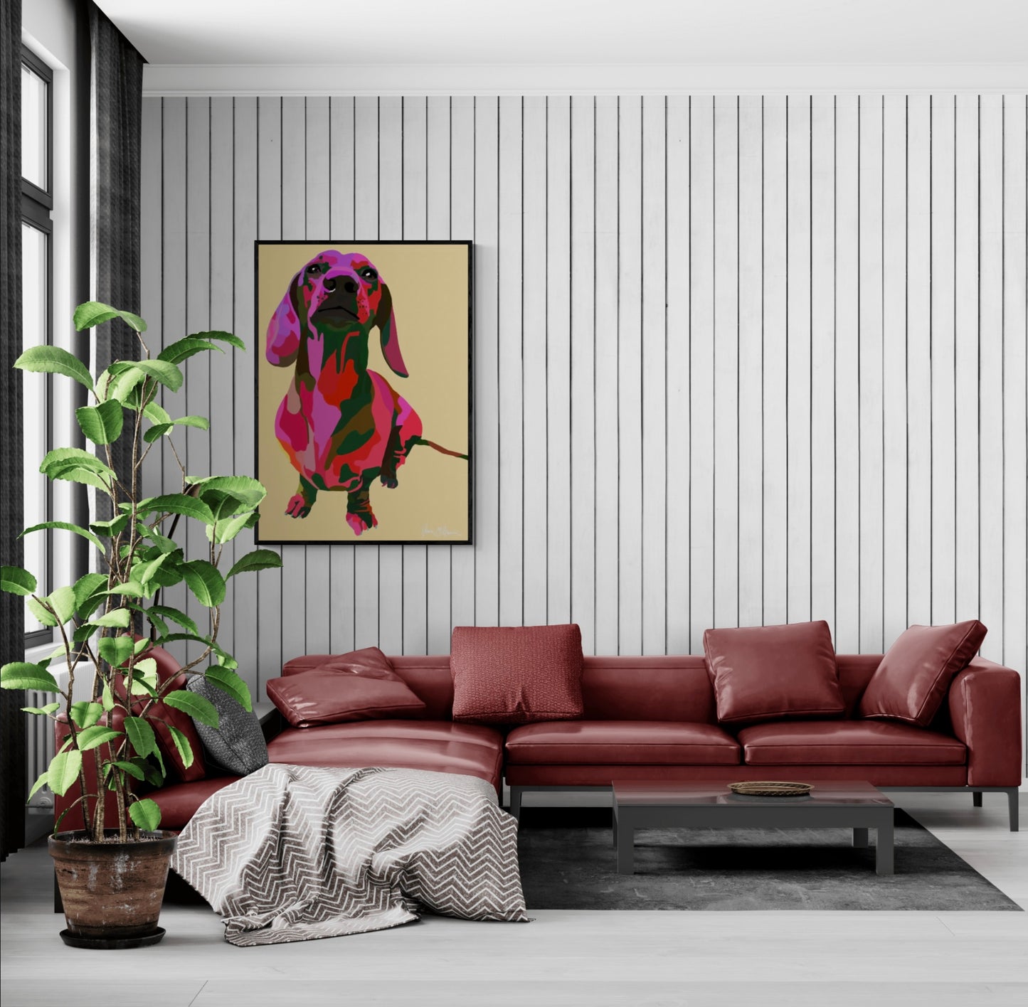 An intricately designed digital art printed canvas, featuring a whimsical dachshund in sand colour background, adorned with vibrant Pop- Art patterns and colors, lounging contently amidst a surreal sunroom.