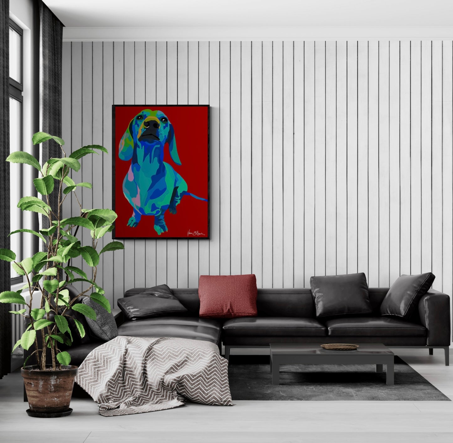 An intricately designed digital art printed canvas, featuring a whimsical dachshund in red background, adorned with vibrant Pop- Art patterns and colors, lounging contently amidst a surreal sunroom.